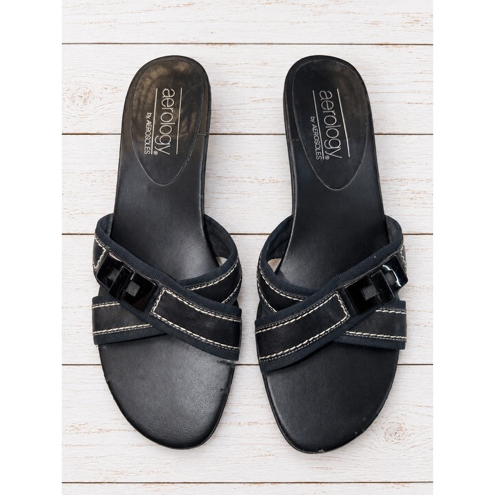 Aerology by Aerosoles Black Kitten Heel Slide Sandals Y2K Buckle 8.5 4310
